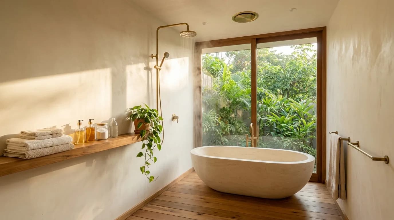 A bathroom in stone and lime plaster with unlacquered brass fittings, a filtered shower head, a freestanding stone bath, folded cotton towels on a timber ledge and only a few glass bottles rather than a crowded shelf of plastic.