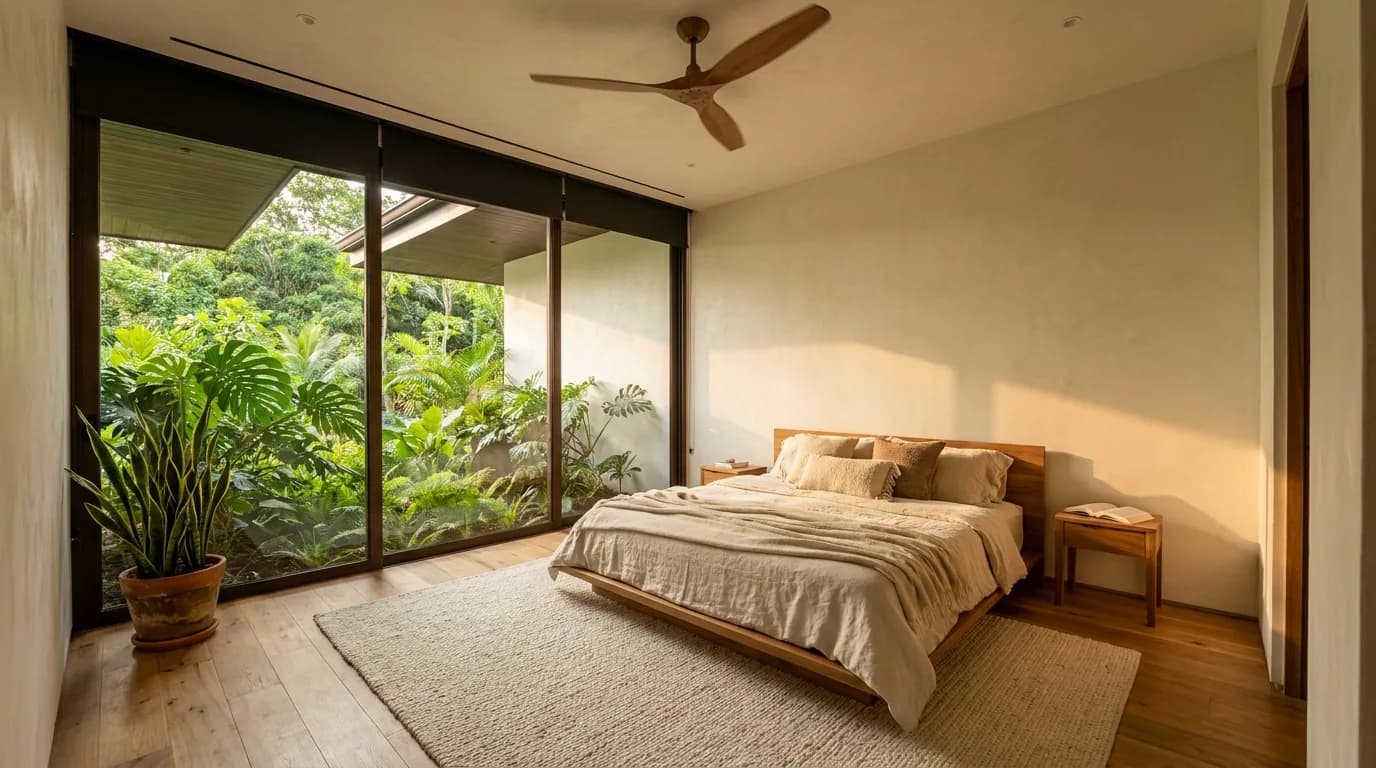 A bedroom with one elevation fully glazed onto tropical planting, a low solid-timber bed dressed in linen, a bare wall behind the bed carrying no sockets or cabling, a snake plant in terracotta and a ceiling fan.