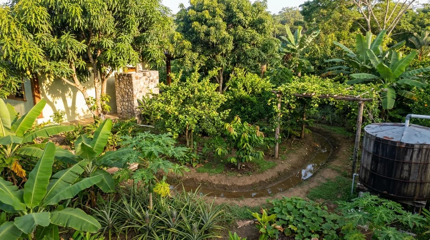 A layered tropical food forest: mango and avocado canopy shading the house, a sub-canopy of guava and citrus, banana, plantain and papaya beneath, passionfruit trained on a trellis, a ground layer of pineapple and turmeric, and a swale on the contour beside a rainwater tank.
