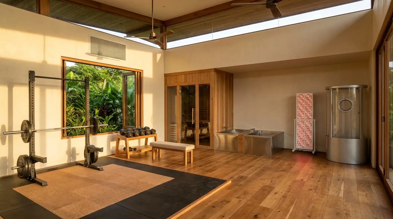 A home gym with a barbell rack over a cork and solid-rubber floor, adjustable dumbbells and a bench, and along the far wall a timber sauna, cold and hot plunge tubs, a full-body red-light panel and a cylindrical hyperbaric chamber.