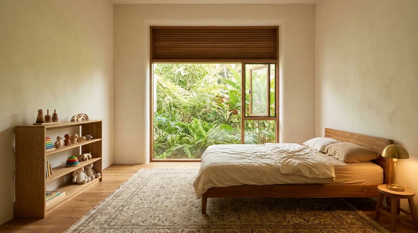 A child's room with wooden and natural-rubber toys on a solid oak shelf, a low timber bed with cotton bedding, a wool rug over a solid wood floor rather than foam mats, and a recessed blackout blind at an open window.