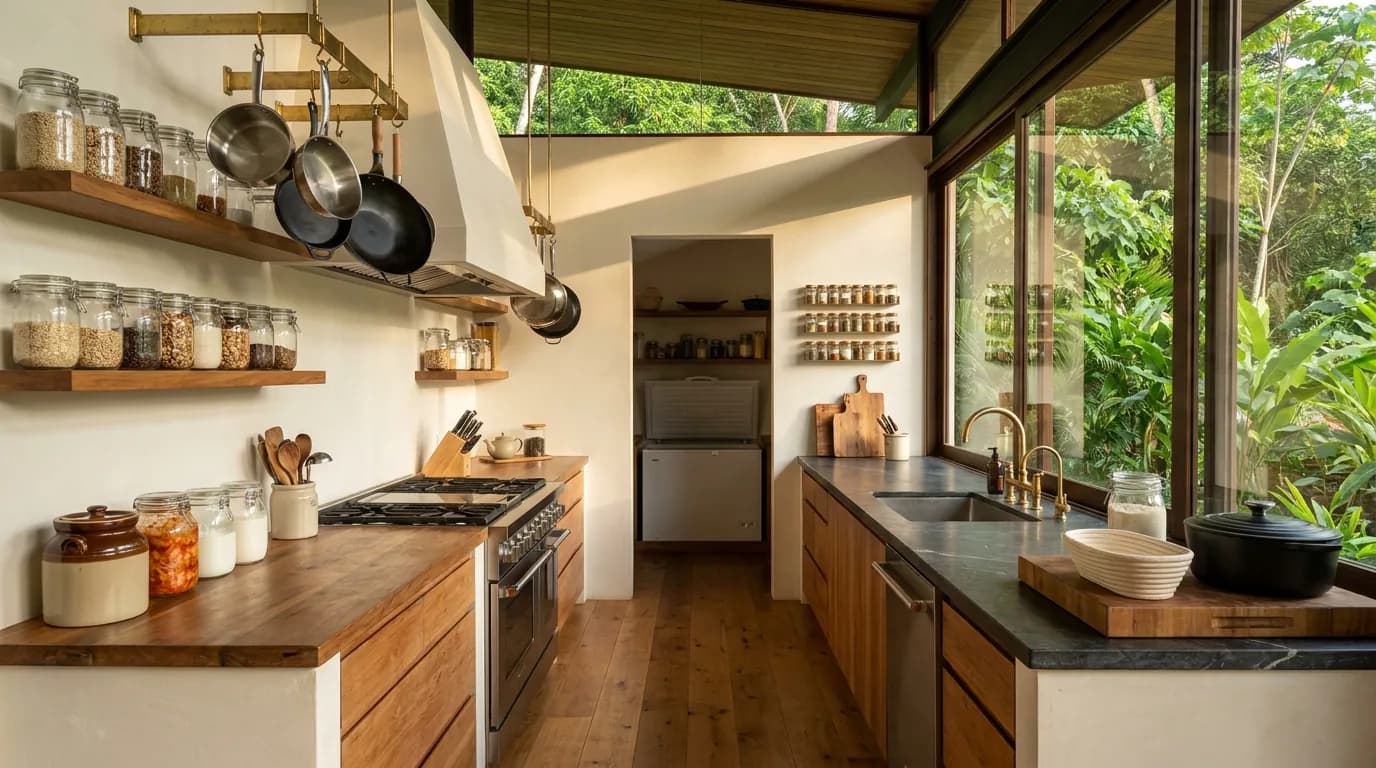 A kitchen with open shelves of glass storage jars, cast-iron and stainless pans hung over a timber counter, wooden boards and utensils, a wall of whole spices in small glass jars, an extraction hood over the hob and a fermentation corner.