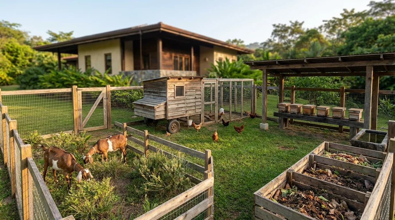 A smallholding set back from the house, with a mobile timber hen coop and mesh run, two dairy goats browsing a fenced paddock, a row of small stingless-bee box hives on a shaded stand, and timber compost bays.