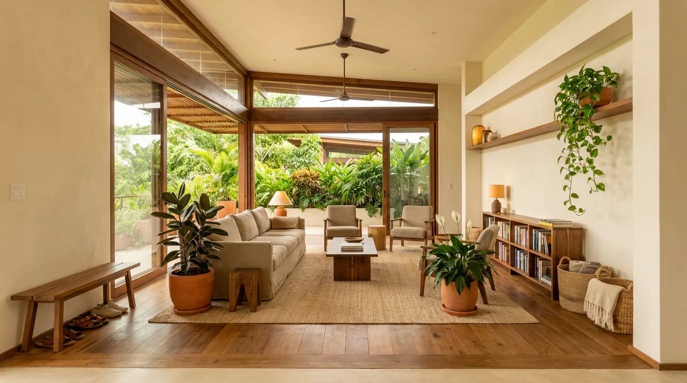 A living space with linen and wool upholstery on solid timber frames, an undyed jute rug, three large dark-green leafy plants in terracotta, low bookshelves, and a bench of shoes at the threshold beside glazing opening to a terrace.