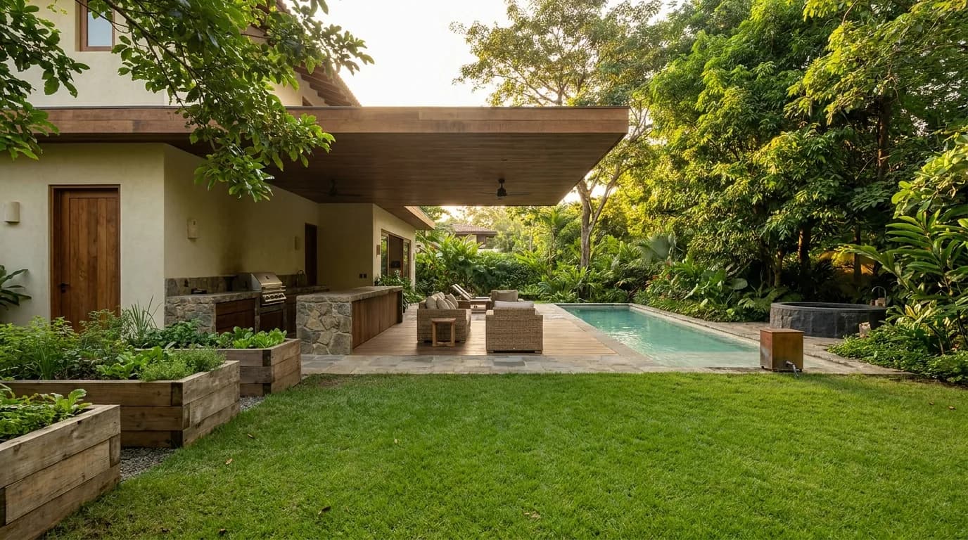 An outdoor living area with a covered charcoal kitchen under a deep timber overhang, a saline pool, raised timber beds of herbs a few steps from the kitchen door, dense shade planting on one side and open grass to stand on barefoot.