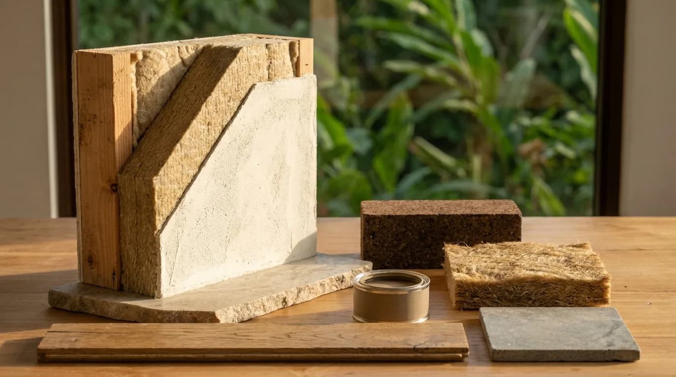 A cutaway of the wall build-up showing solid timber structure, wood-fibre insulation and a lime-plaster finish over a stone slab, with a flat-lay of the material palette alongside — cork, hemp insulation, mineral clay paint, solid oak flooring and stone.