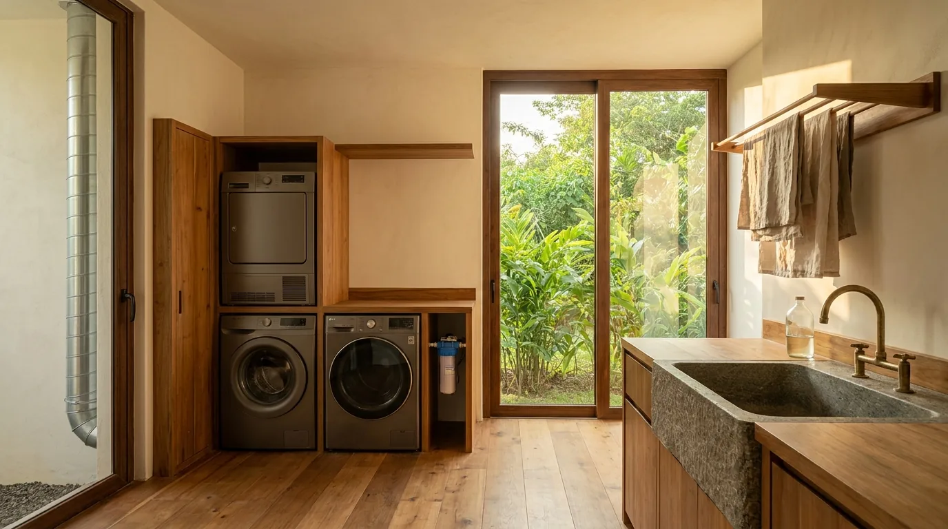 A utility room with a washing machine and externally vented dryer built into timber joinery, a stone sink, a microfibre filter plumbed alongside, and linen air-drying on a wall-mounted timber rack.