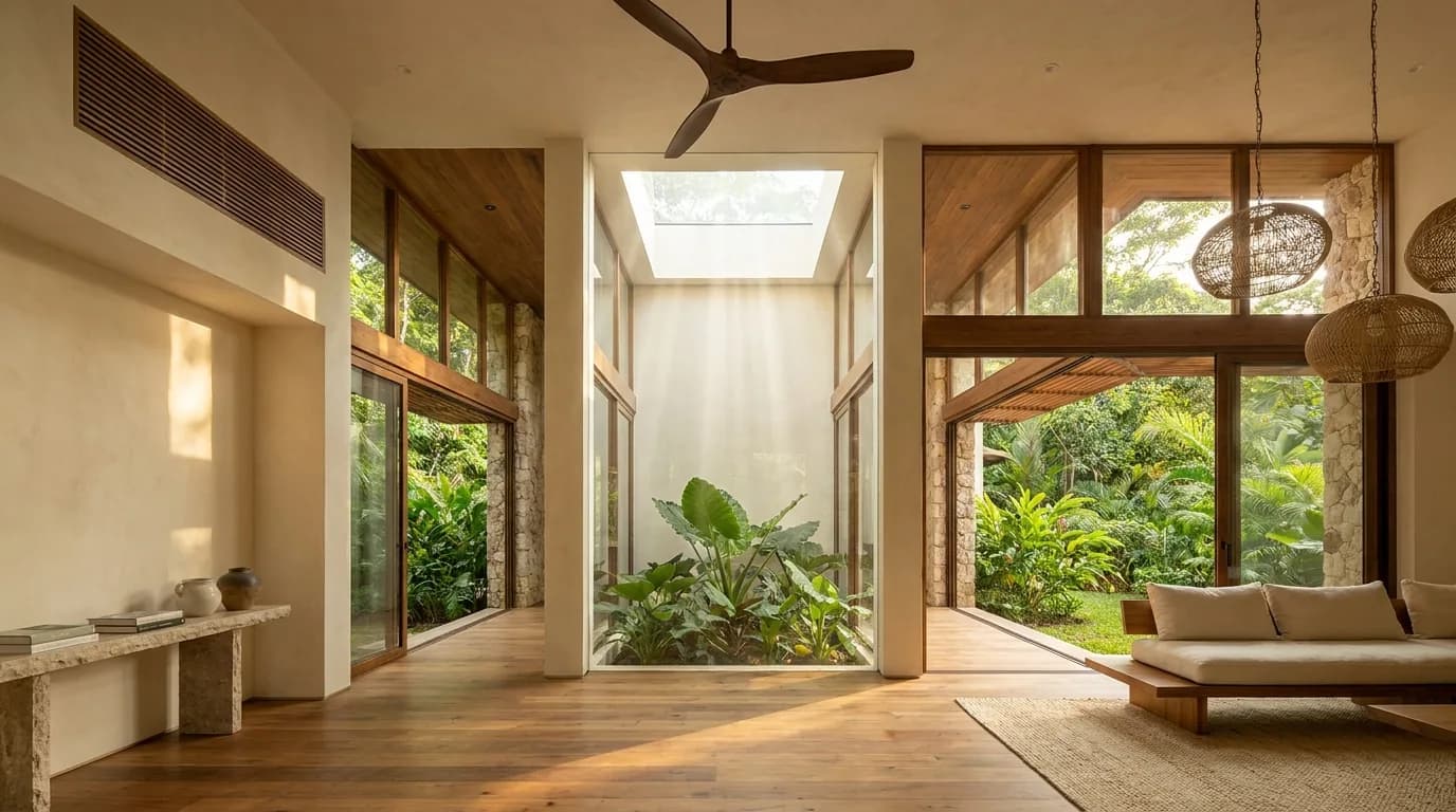 The double-height centre of the house, glazed on two opposite elevations with both sets open, a skylight and light well dropping daylight onto planting below, a slow ceiling fan and a timber-cased air-handling grille high on the wall.